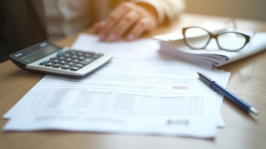 Documentos administrativos y formularios de solicitud sobre escritorio con calculadora y bolígrafo