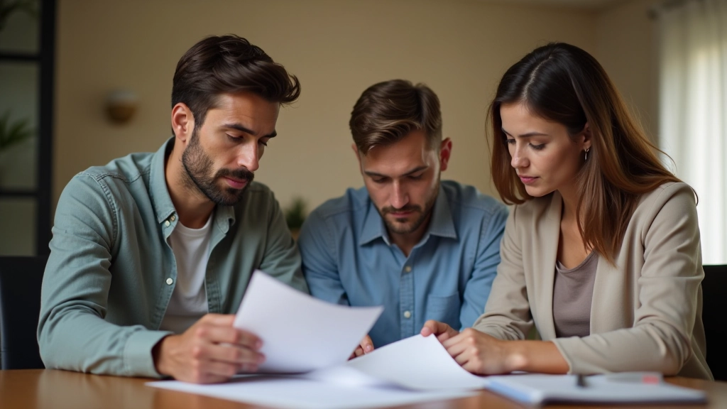Familia viendo documentación de hipoteca en escritorio con laptop y calculadora