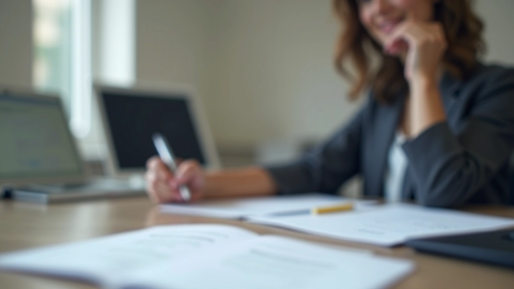 Persona rellenando formulario de registro en oficina de gestión administrativa con ordenador y documentos